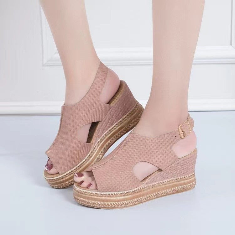 Elegant and comfortable wedge sandals for women with an open heel and adjustable strap Lune London