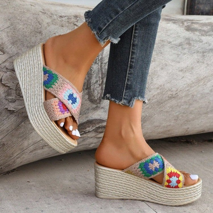 Comfortable wedge sandals for women with a colorful crochet design Lune London