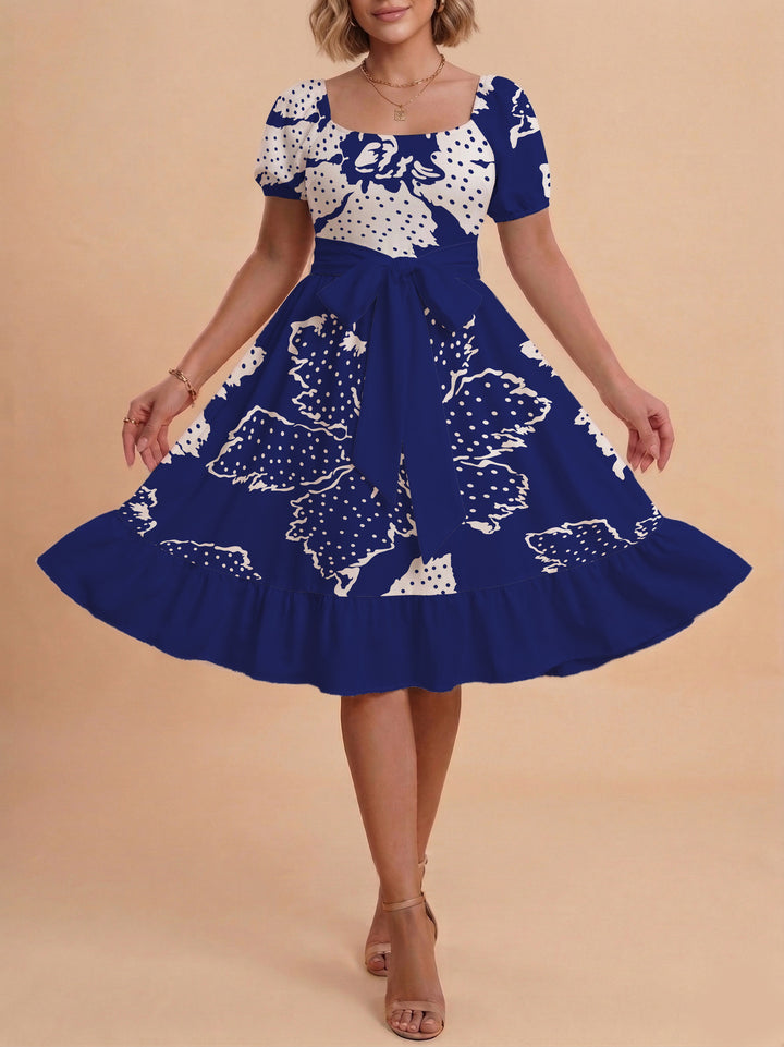 Women A-line dress with floral motifs and adjustable belt Lune London