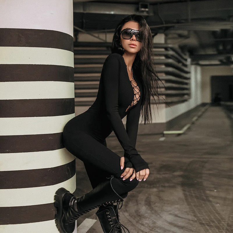 Fitted jumpsuit for women with deep V-neckline and refined lace-up details Chic and Style