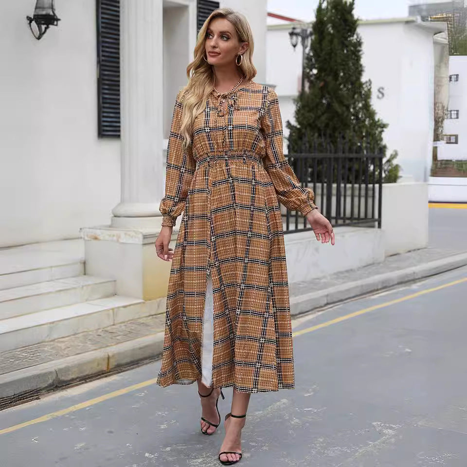 Plaid pattern maxi dress for women with a waist belt and ruffles Lune London