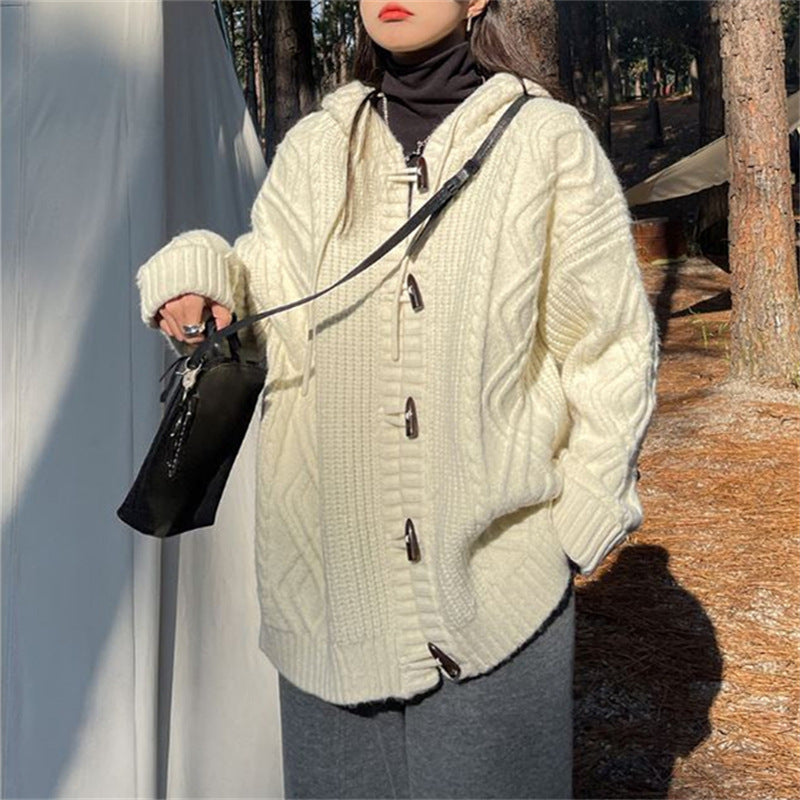 Ladies comfortable wool cardigan with hood and cable knit pattern Lune London
