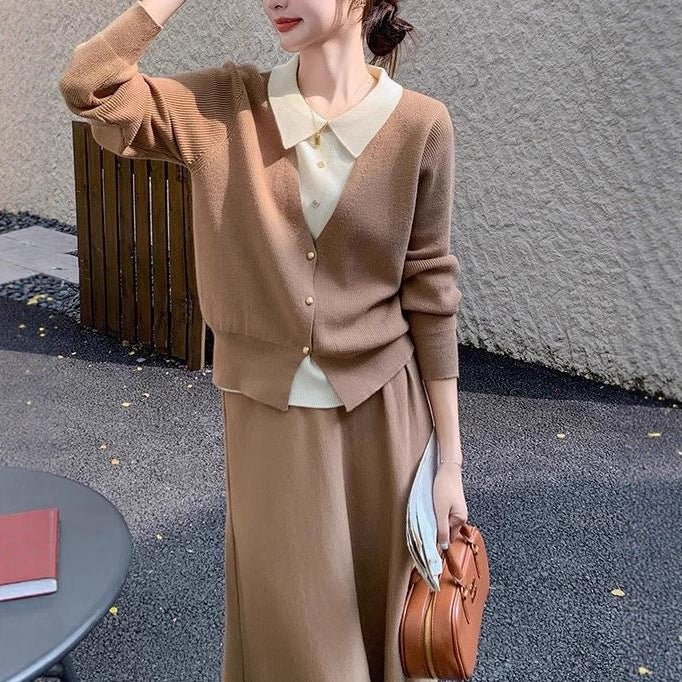 Women’s knit set with an elegant blouse look and a flowy skirt Lune London