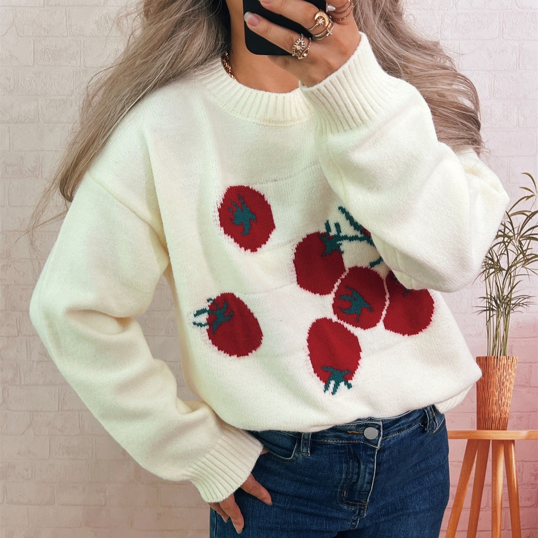 Pull en tricot pour femmes avec un motif de tomate ludique et une coupe décontractée Chic & Stil