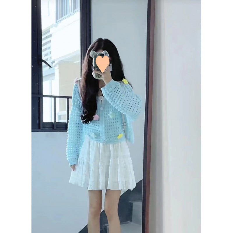 Ladies lightweight cardigan with colorful star appliqués and drawstring Lune London