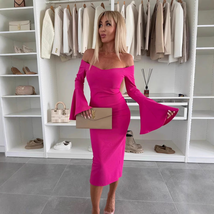 Mid-length dress with flared sleeves for women, off-the-shoulder neckline, Lune London