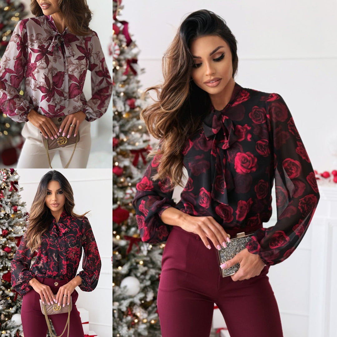 Elegant women's blouse with bow collar and floral patterns Lune London