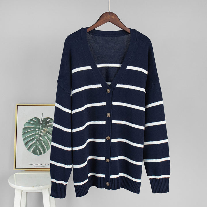 Knitted cardigan for women with V-neck and large stripes Lune London
