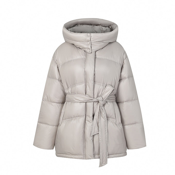 Quilted winter coat fashion for women with belt and hood Lune London