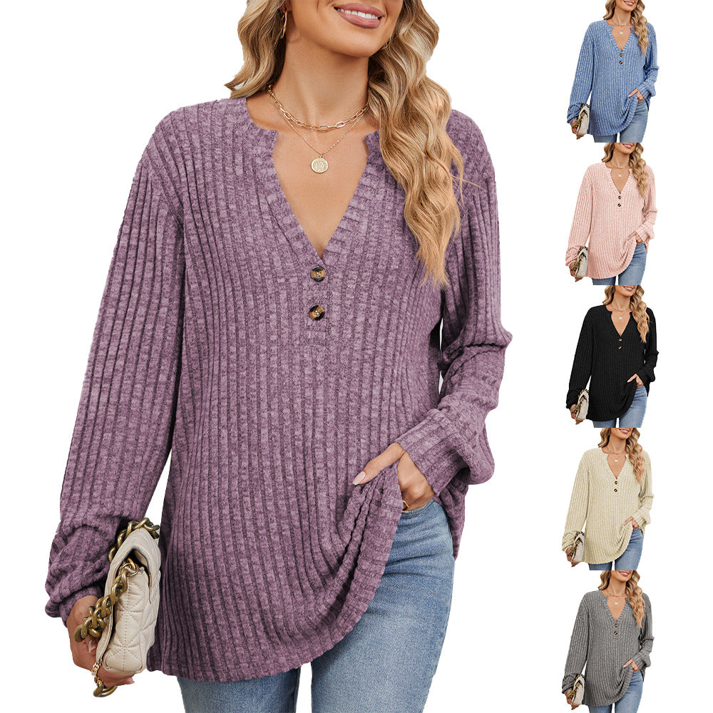 Long sleeve blouse for women with textured V-neck and button details Lune London