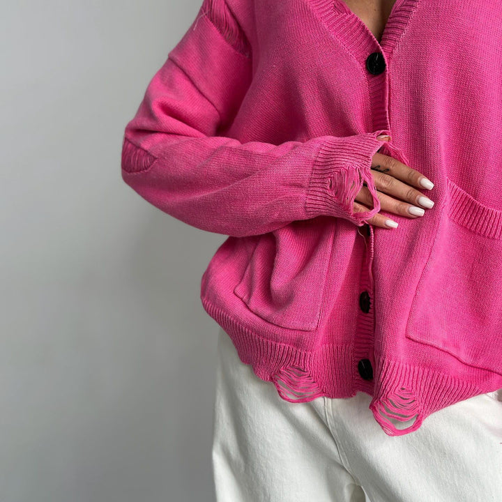 Casual knitted cardigan for women with marked visible seams and pockets Lune London