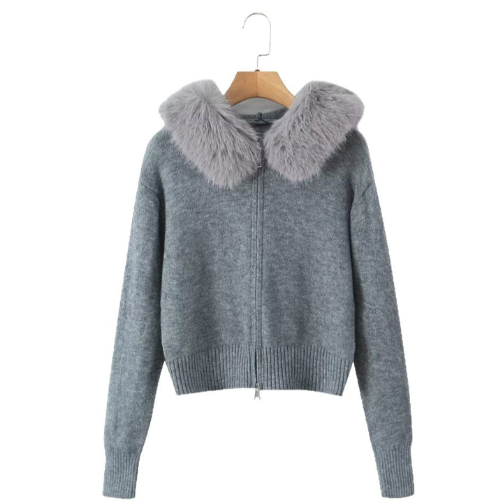 Women's knit cardigan with luxurious faux fur collar and zipper Lune London