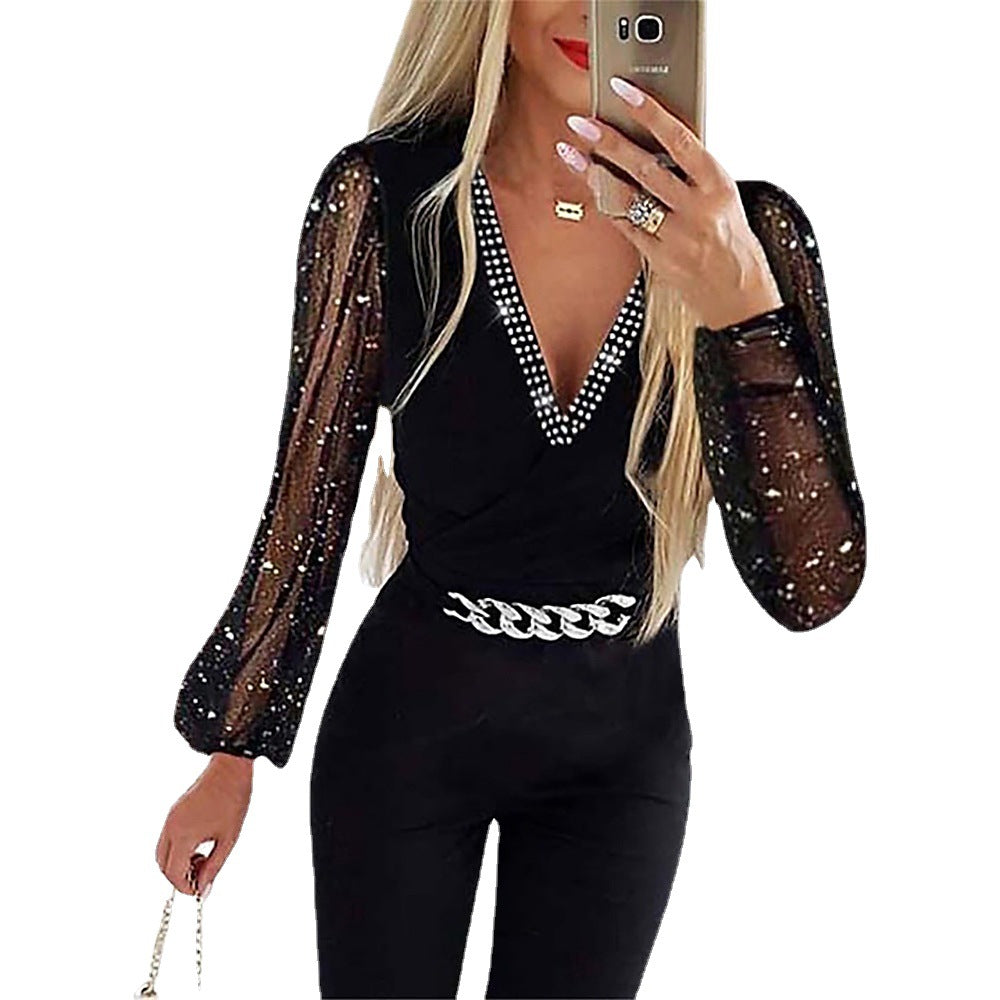 Ladies Elegant Combination with Chic Mesh Sleeves and Style