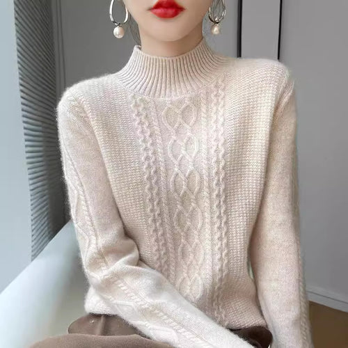 Womens knitted sweater with an elegant cable pattern and a high closed collar Lune London