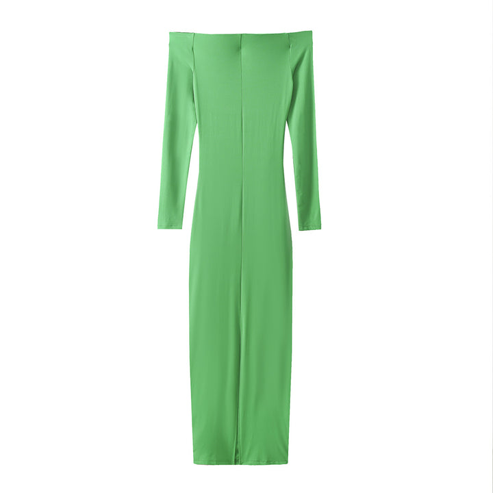 Elegant ladies maxi dress with off-the-shoulder neckline and refined ruffled details Lune London