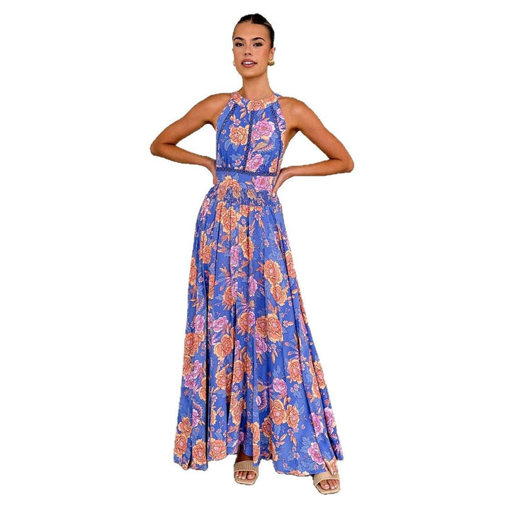 Elegant Maxi Dress for Women with Floral Accents and Chic Backless Style