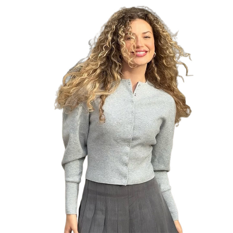 Trendy knit jacket for women with pleated sleeves and chic and stylish button details