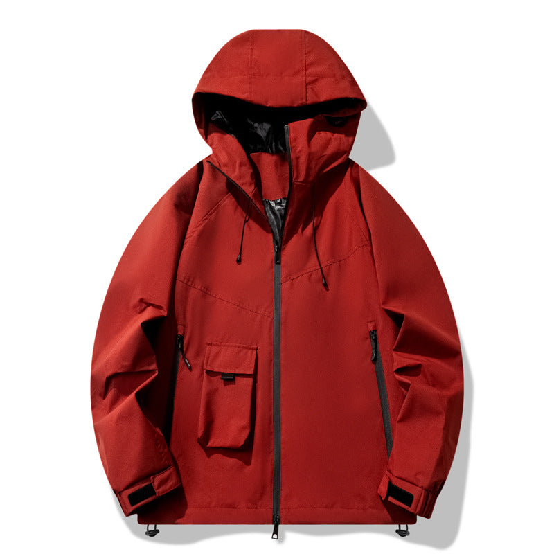 Outdoor technical jacket for men with water-repellent material and adjustable hood design Lune London