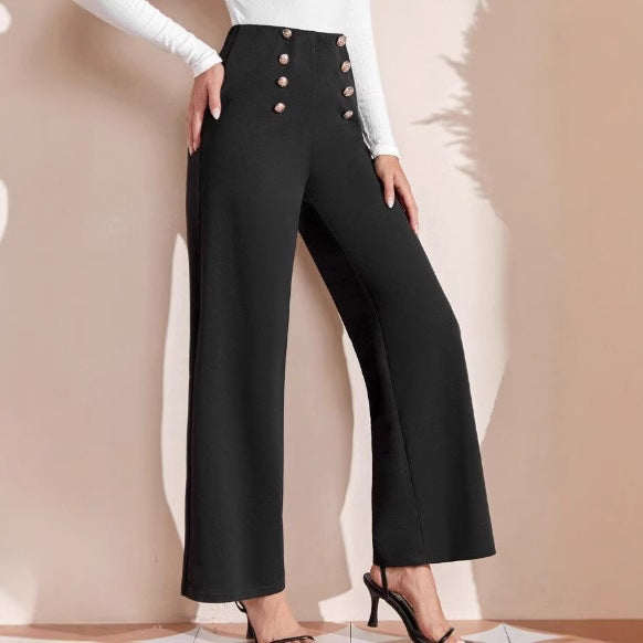 High-waisted wide-leg pants for women with decorative buttons Lune London
