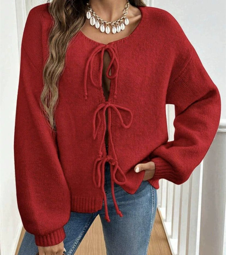 Women's knit sweater with a decorative lace-up design and casual balloon sleeves Lune London