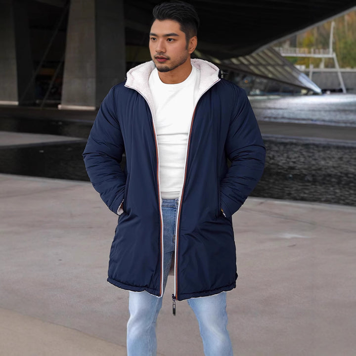 Reversible quilted coat for men with hood and practical pockets Lune London
