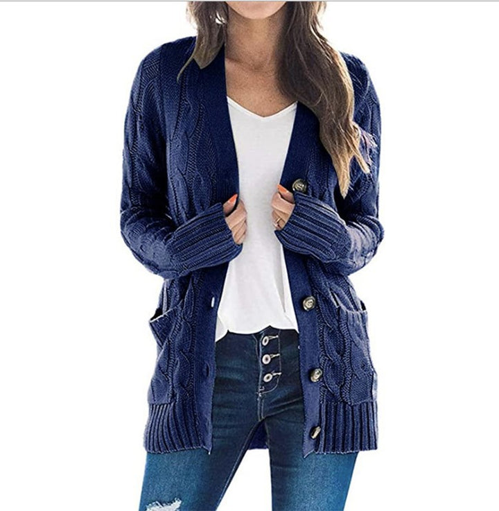 Knitted jacket for women with diamond patterns and large buttons Lune London