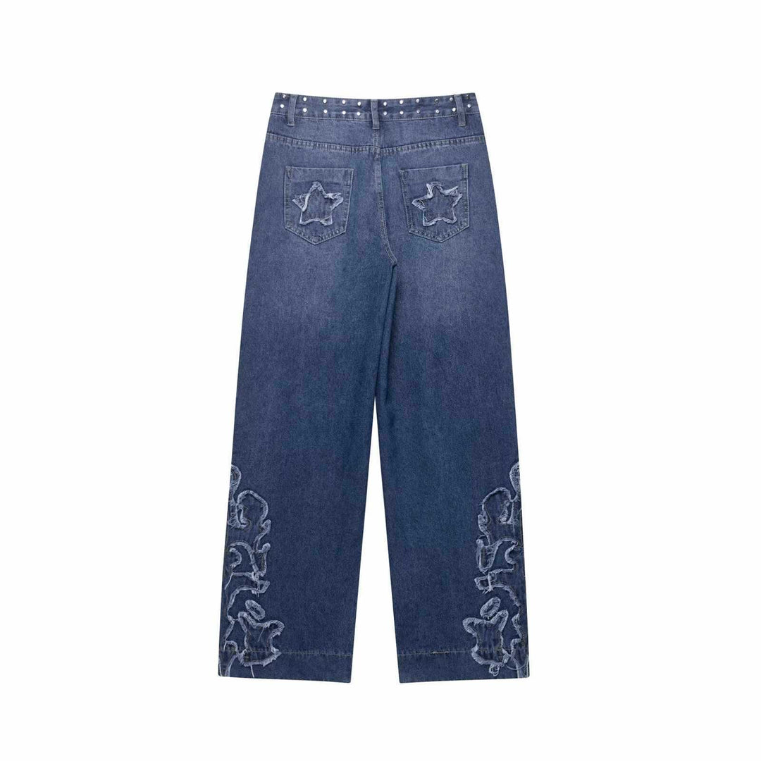 Flared women's jeans with floral embroidery and decorative button details Lune London