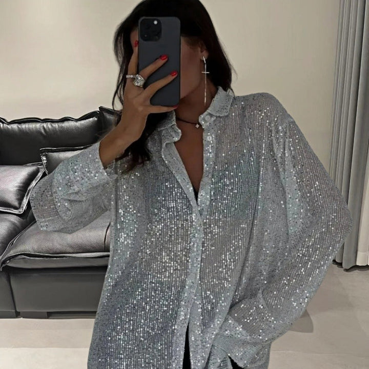 Ladies Glittering Oversized Shirt with Sequins Lune London