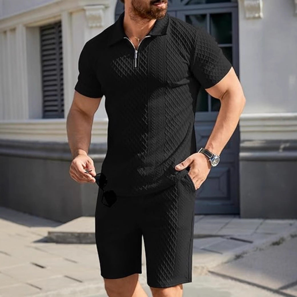 Trendy short polo shirt for men with imbued structure design and matching shorts Lune London