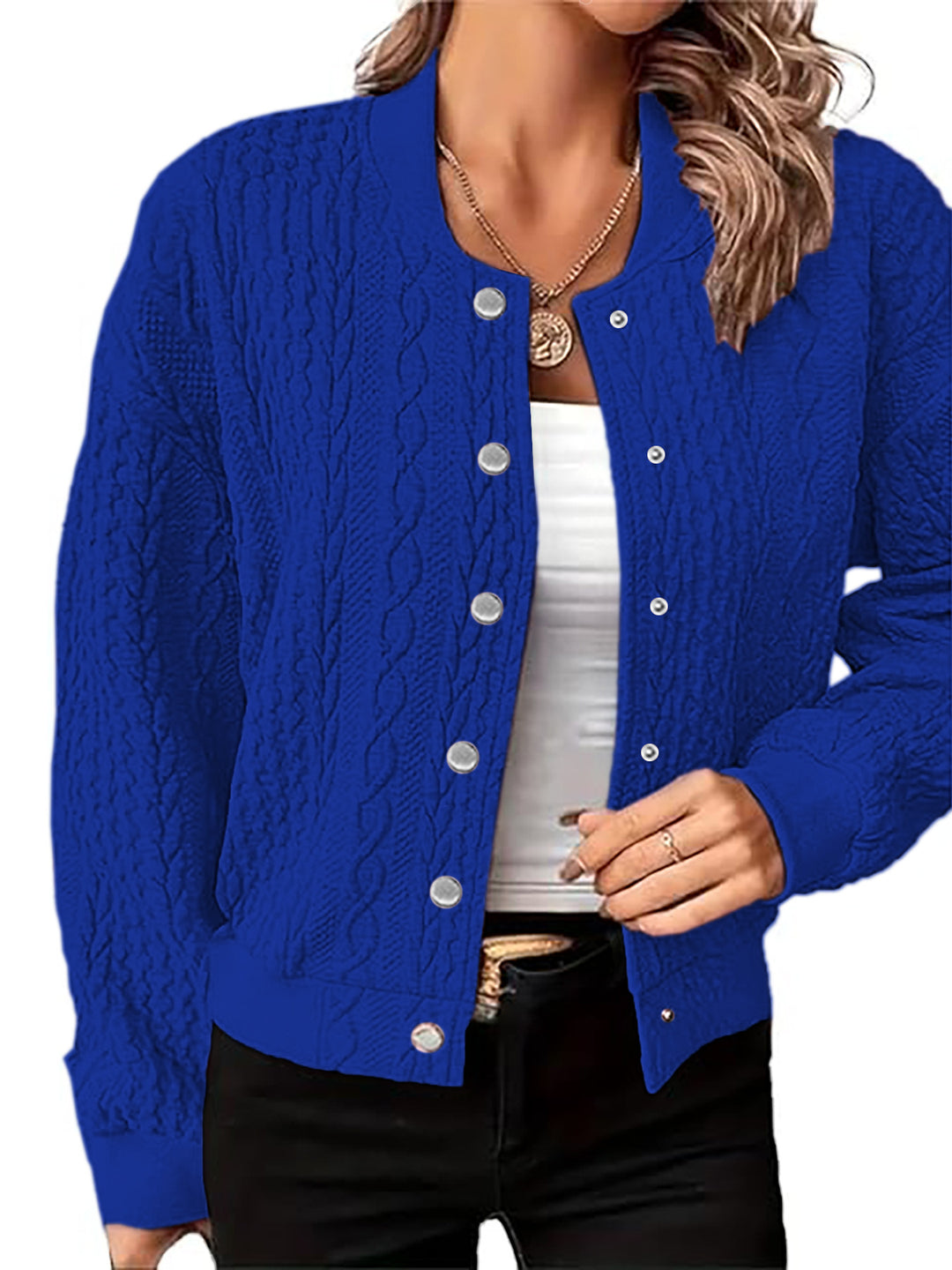 Knitted jacket for women with textured surface and button closure Lune London