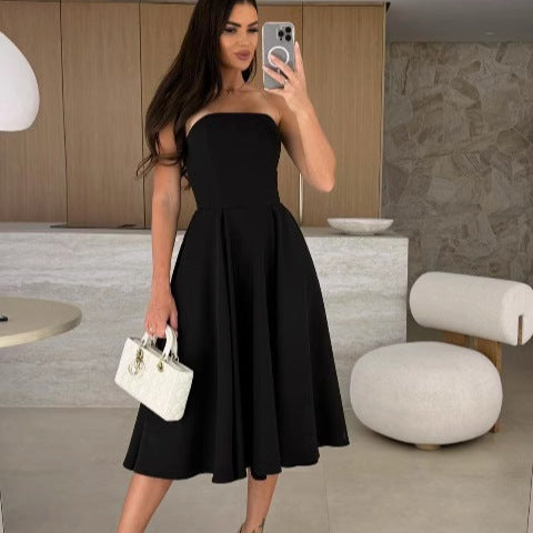 A-line midi strapless dress for women with flowy skirt Lune London