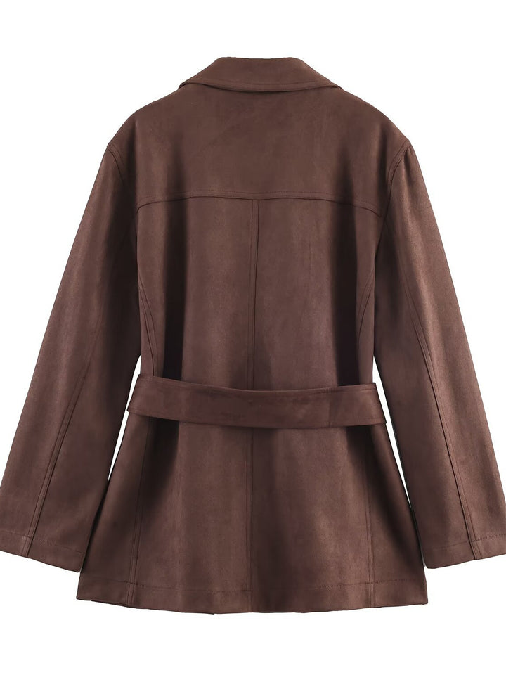 Lune London women's elegant blazer jacket in faux leather with belt at the waist