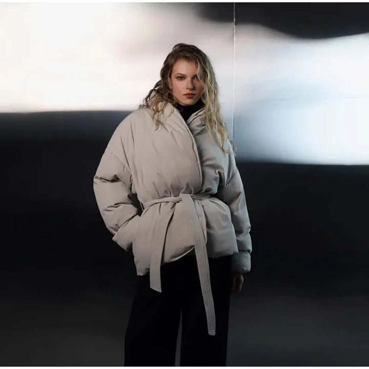 Ladies practical and stylish down jacket with belt Lune London