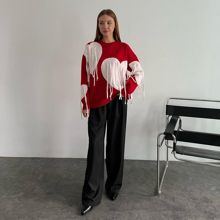Fashionable women's sweater with a cheerful heart-shaped design and creative fringes Lune London