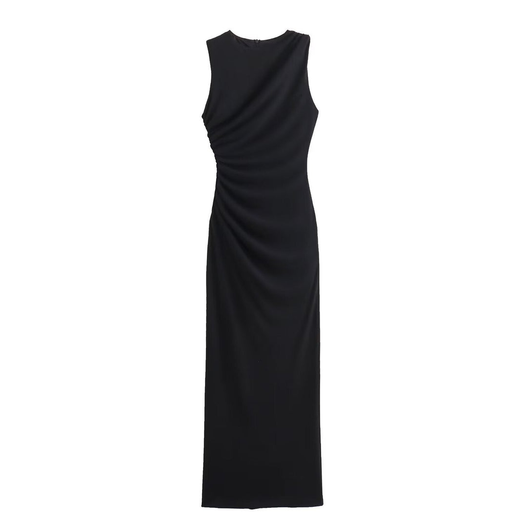 Lune London | Solid Color Round Neck Sleeveless Folding Slim Fit Dress