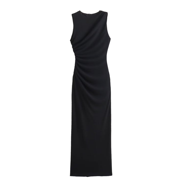 Lune London | Solid Color Round Neck Sleeveless Folding Slim Fit Dress