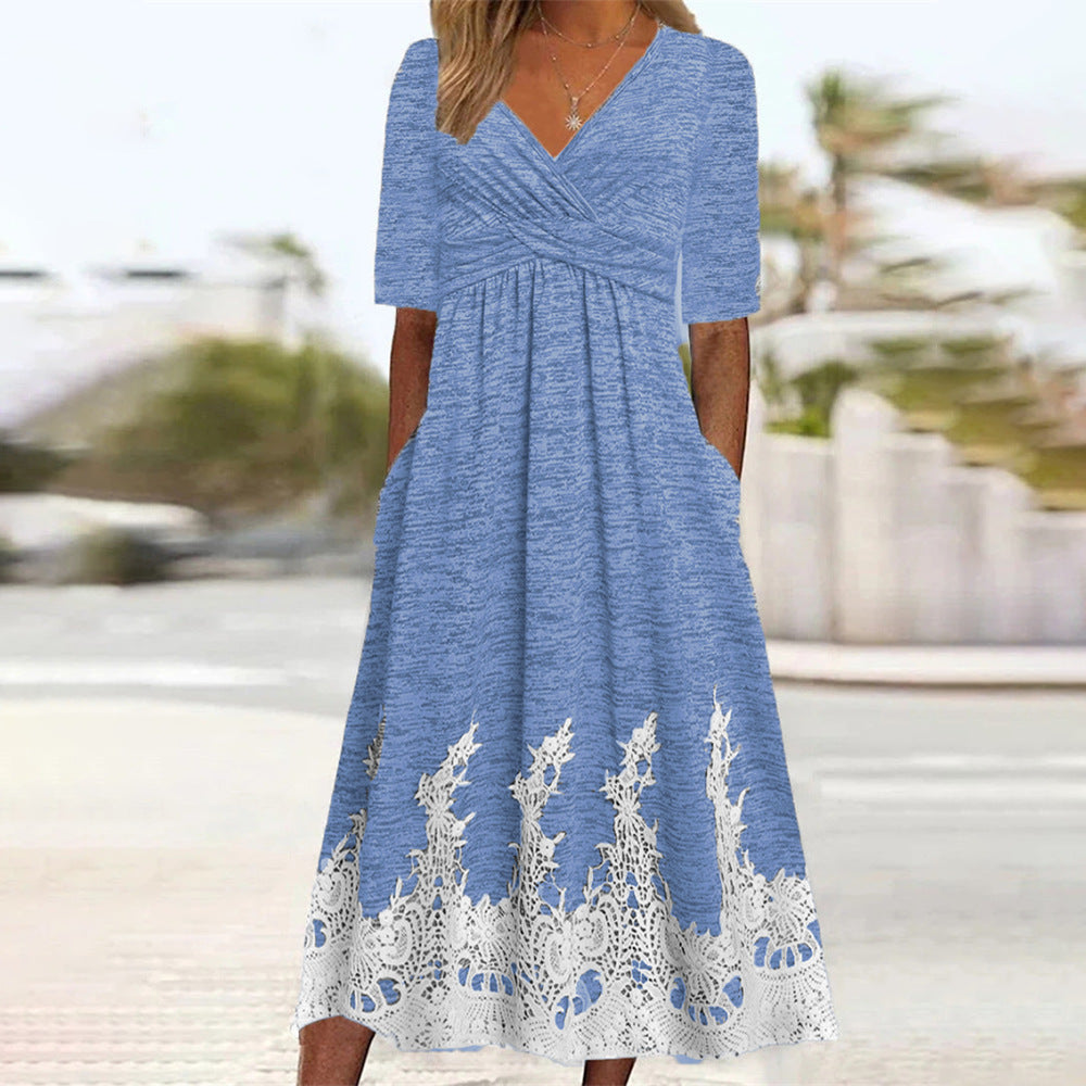 Elegant maxi dress with V-neck and lace for women Lune London