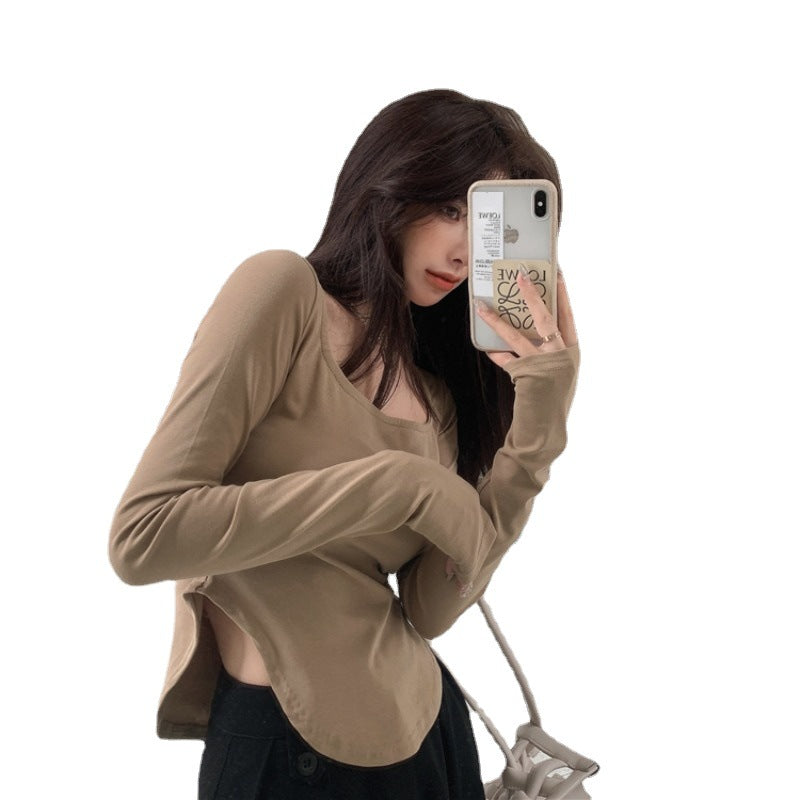 Women's Long Sleeve Top with Wide Round Neckline and Elastic Cuffs