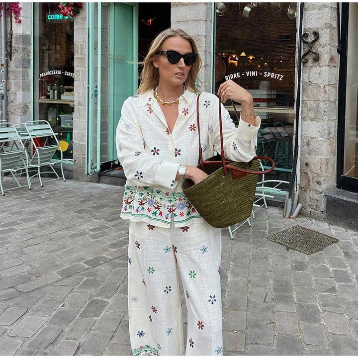 Women Elegant and Casual Wide Fabric Trousers with Embroidered Floral Design Lune London