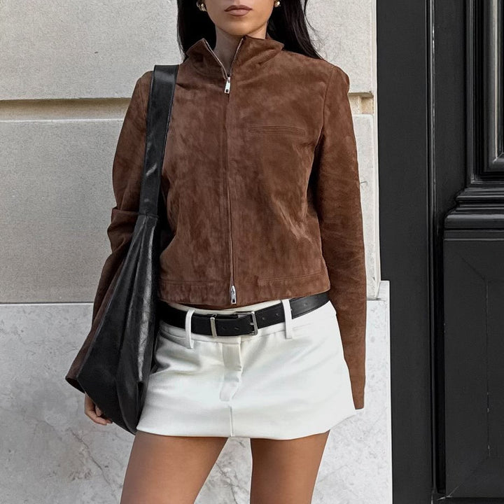 Women's suede jacket with modern high collar Lune London