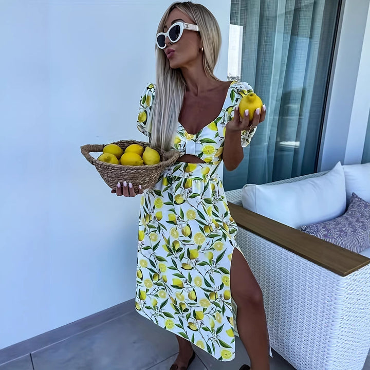 Maxi dress for women with fruity print and side slit Lune London