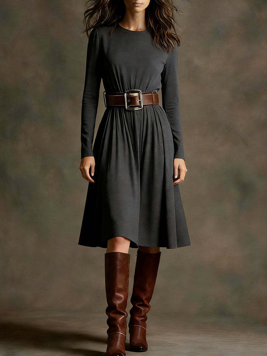 Women Elegant Dress with Long Sleeve and Waist Belt Chic & Stil
