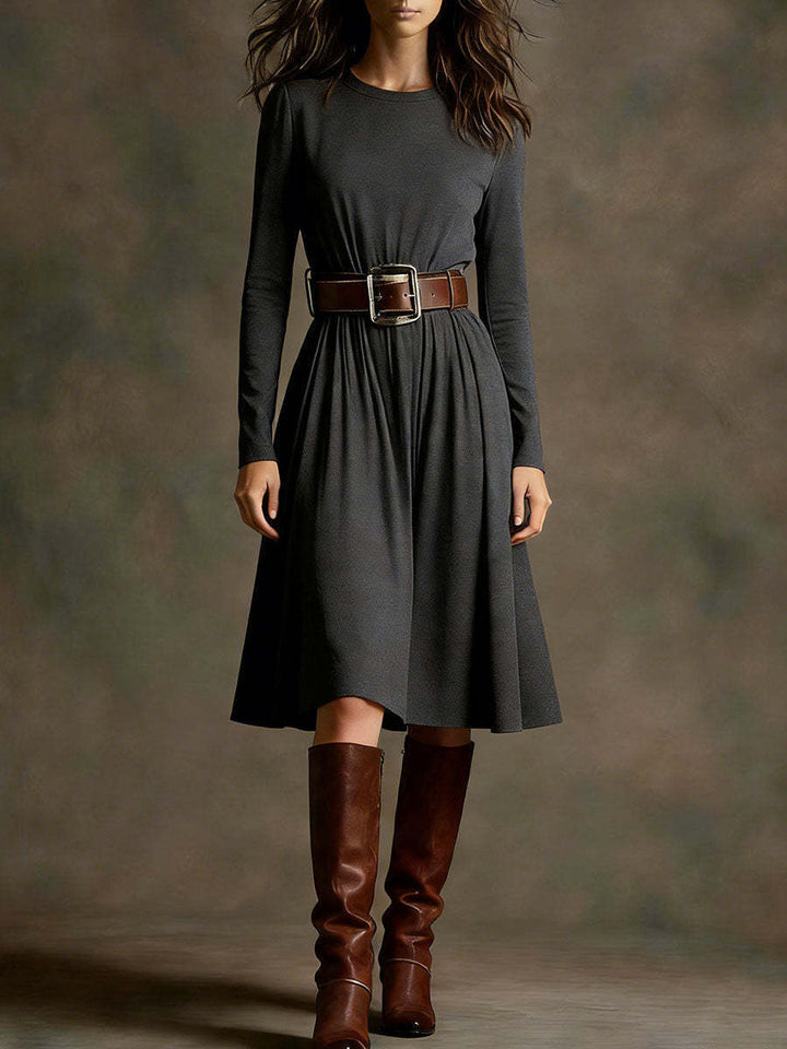Women Elegant Dress with Long Sleeve and Waist Belt Chic & Stil