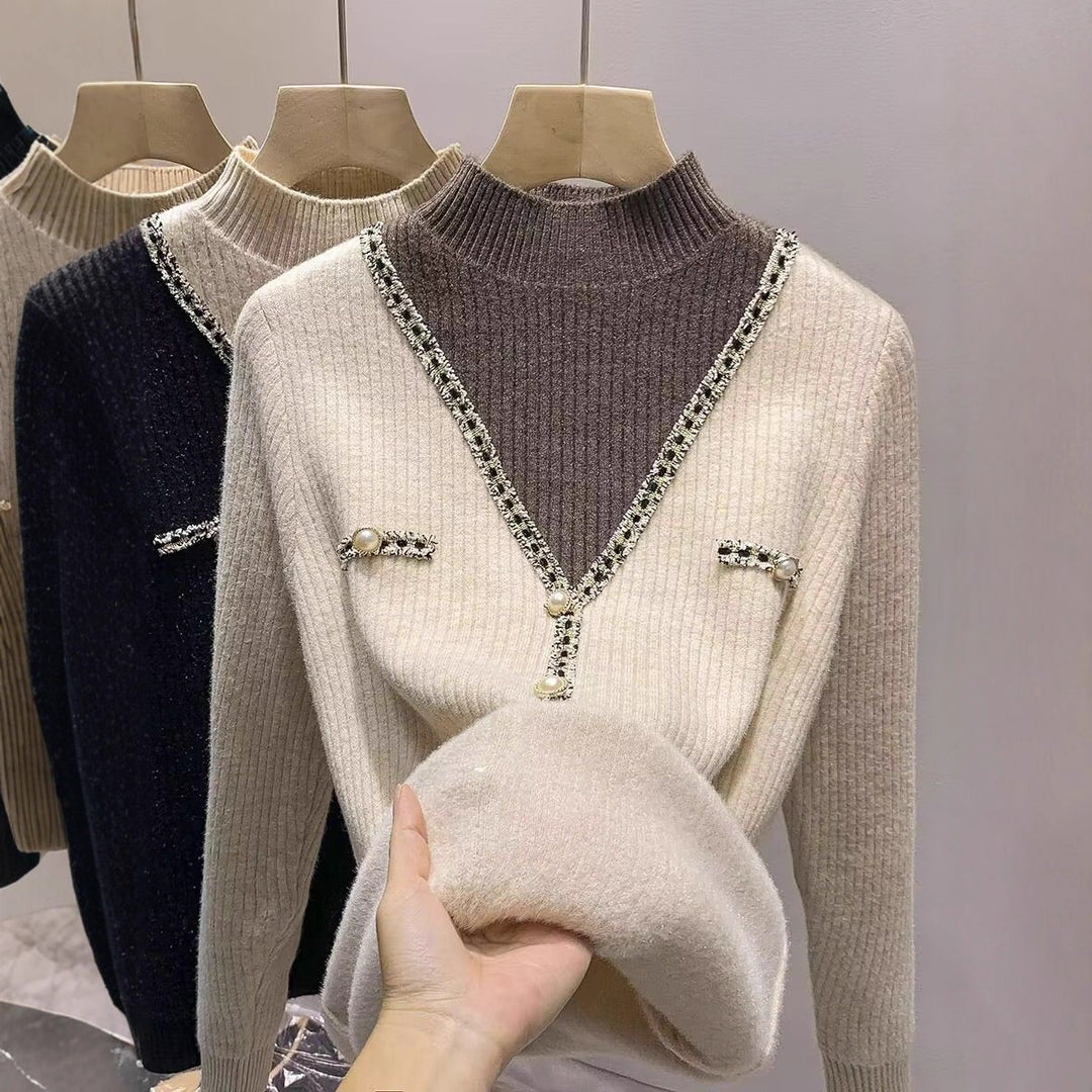 Pull femme à la mode avec col en V, détails scintillants et boutons Chic & Stil