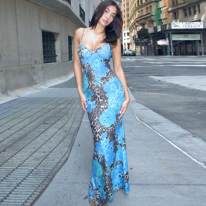 Maxi dress with spaghetti straps for women with floral and animal print Lune London