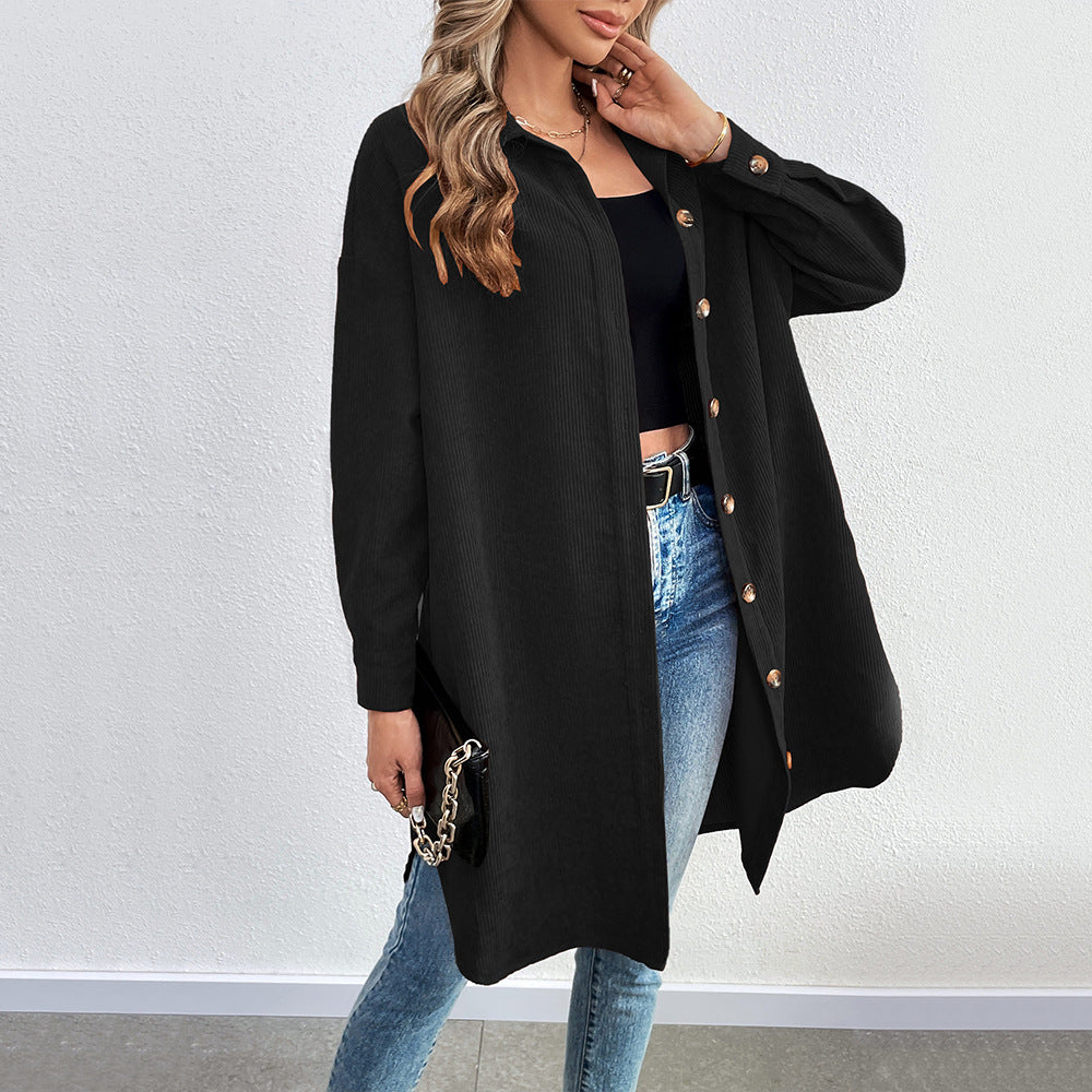 Veste chemise à manches longues pour femmes en corduroy doux avec patte de boutonnage Chic & Stil