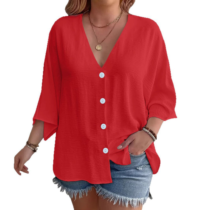 Short-sleeved advantageous blouse for ladies with button placket and V neckline Lune London