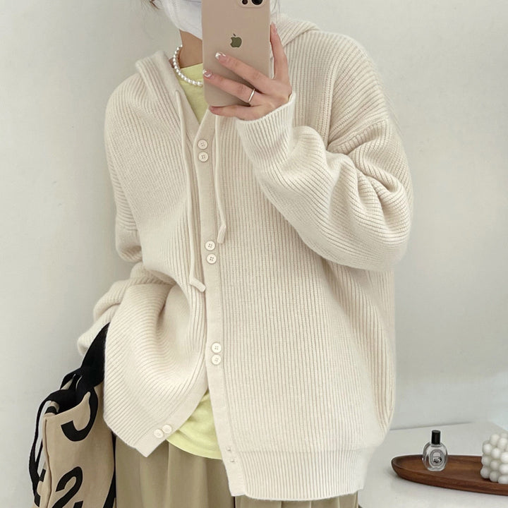 Casual knitted jacket for women with hood and button details Lune London