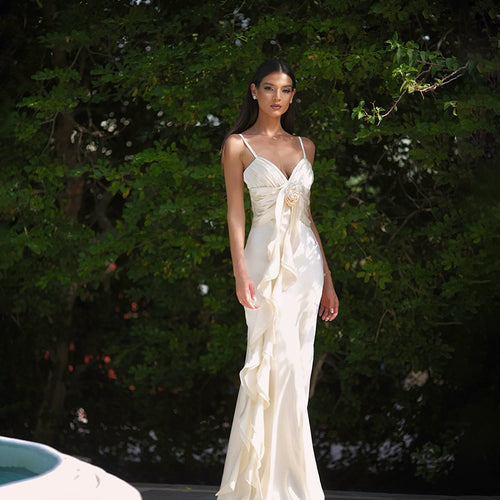 Elegant satin evening dress with ruffles for ladies Lune London