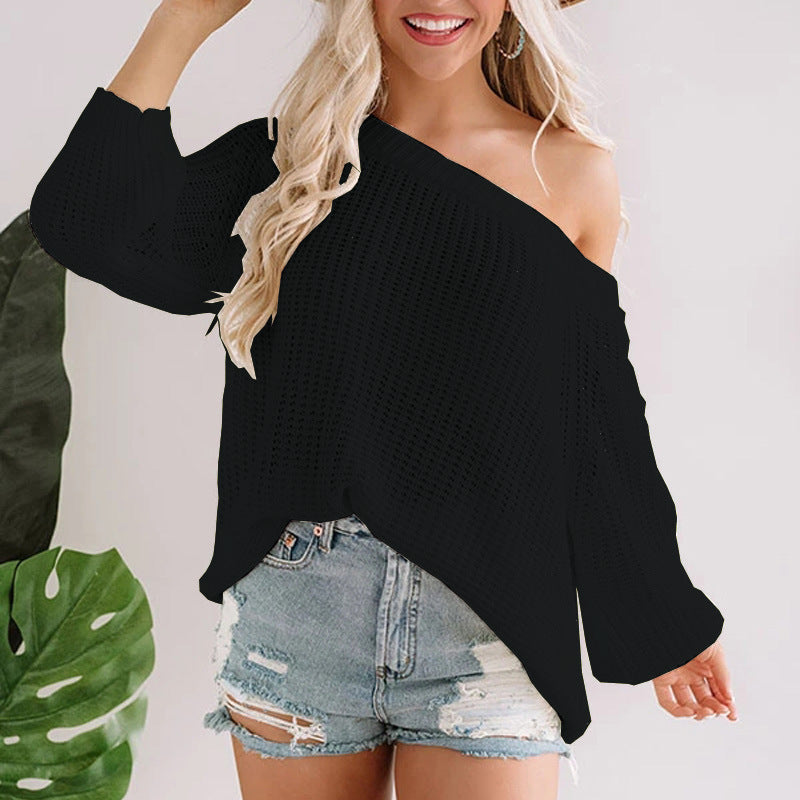 Ladies off-shoulder knit pullover with flared hem Lune London